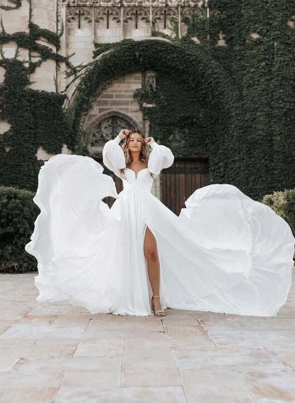 A Line Sweetheart Long Sleeves Chiffon Sweep Train Wedding Dress