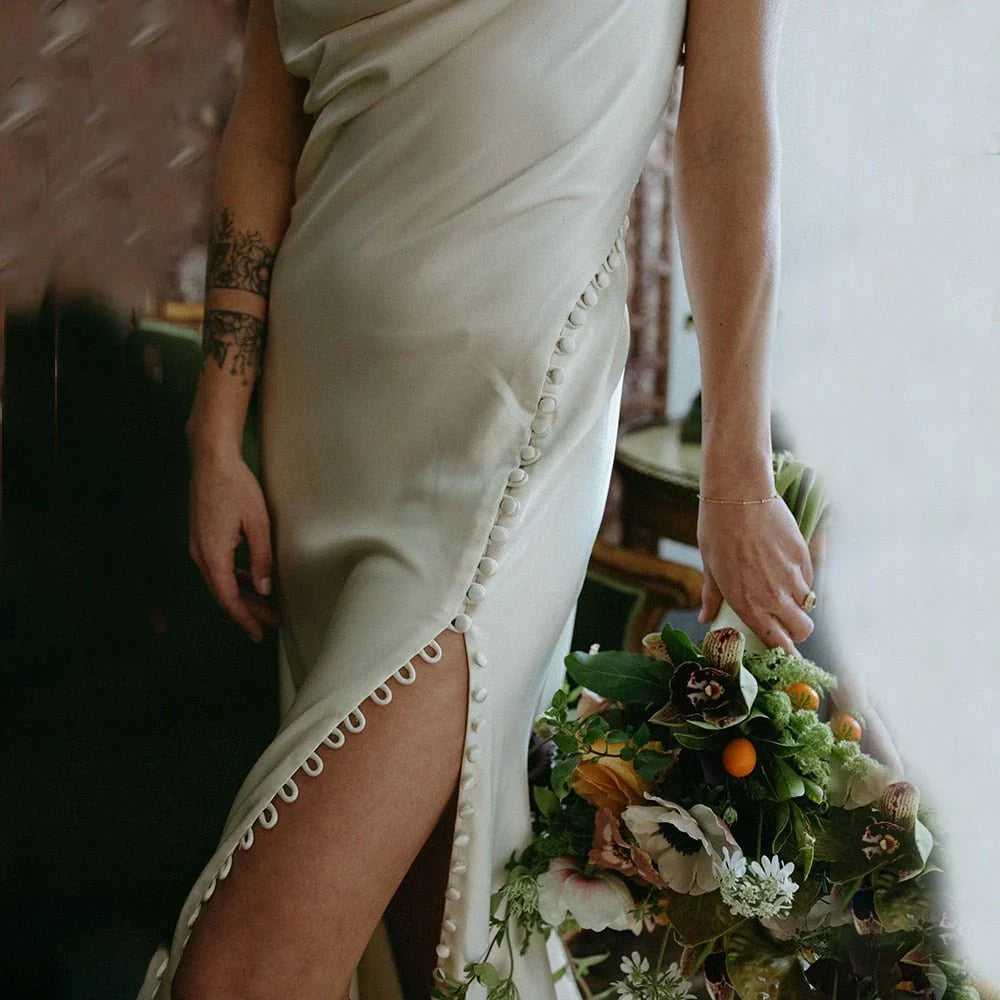 Cowl Neck Ivory Sheath Satin Wedding Dresses with Button Slit