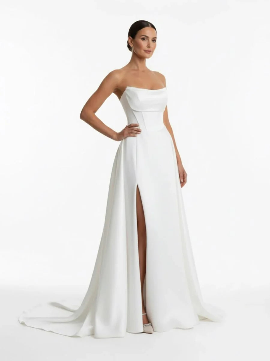 A Line Strapless White Satin Wedding Dresses with Slit