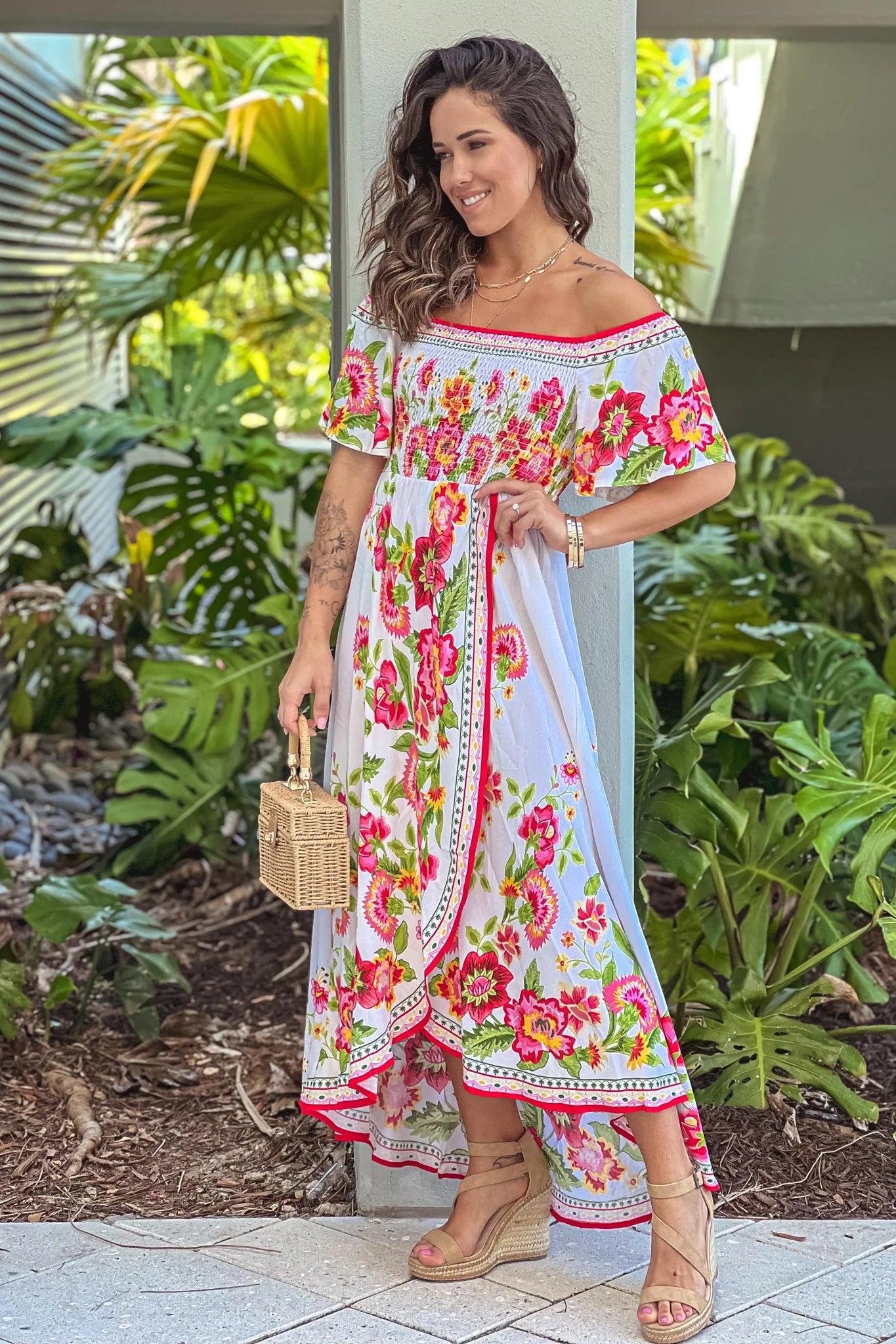 Ivory Floral Off Shoulder High Low Dress
