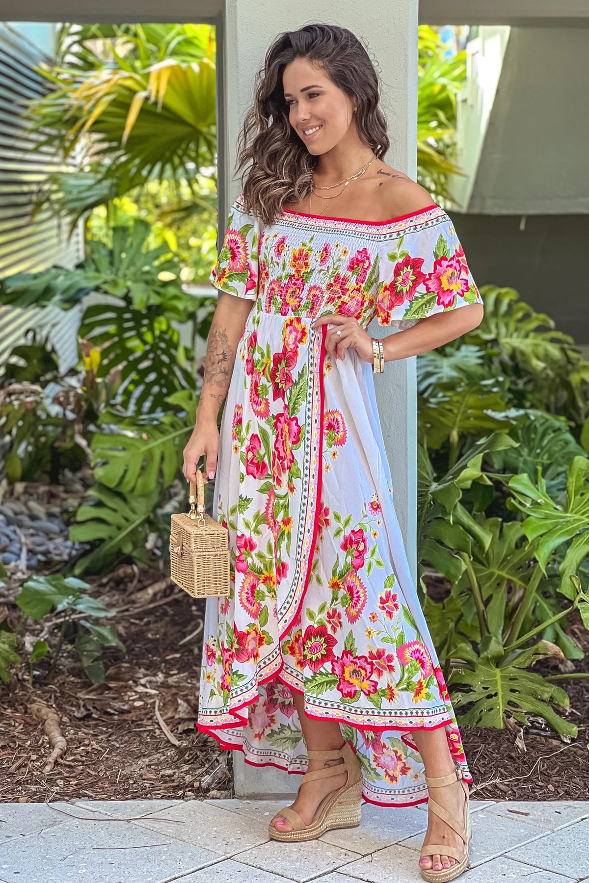 Ivory Floral Off Shoulder High Low Dress