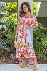 Ivory Floral Off Shoulder High Low Dress