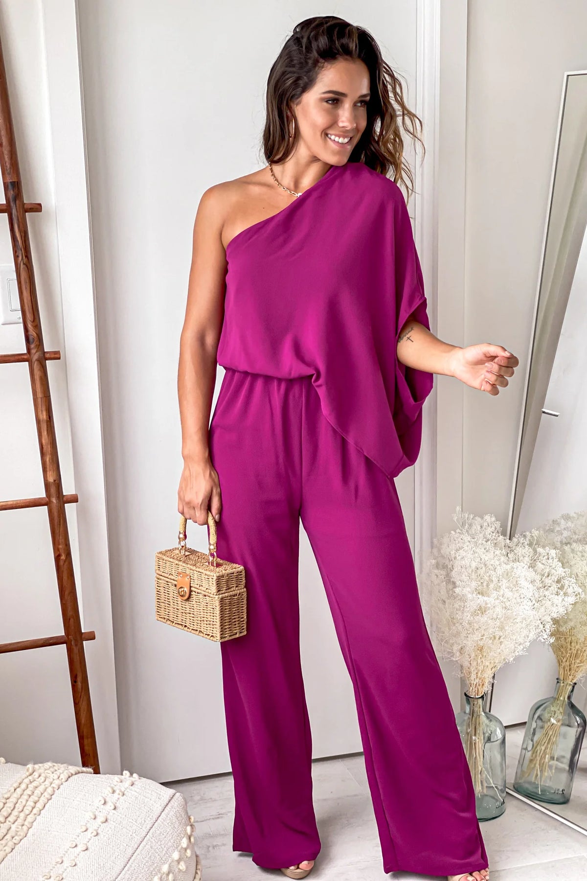 Magenta One Shoulder 3 4 Sleeve Jumpsuit