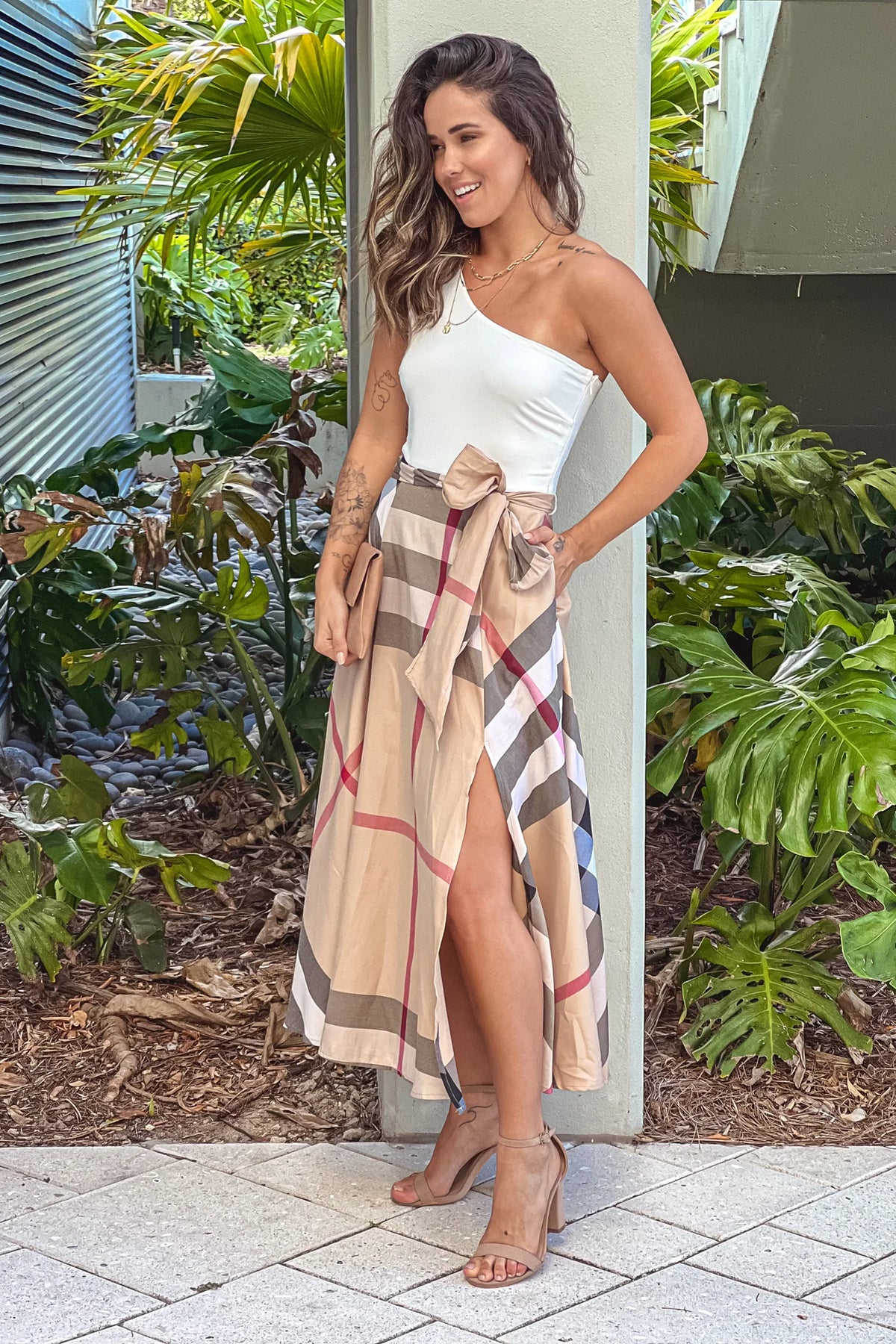 Taupe Printed One Shoulder Midi Dress With Pockets