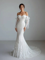 Lace Mermaid Covered Button Long Sleeve Train Wedding Dress