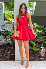 Red Halter Neck Short Dress With Back Bow