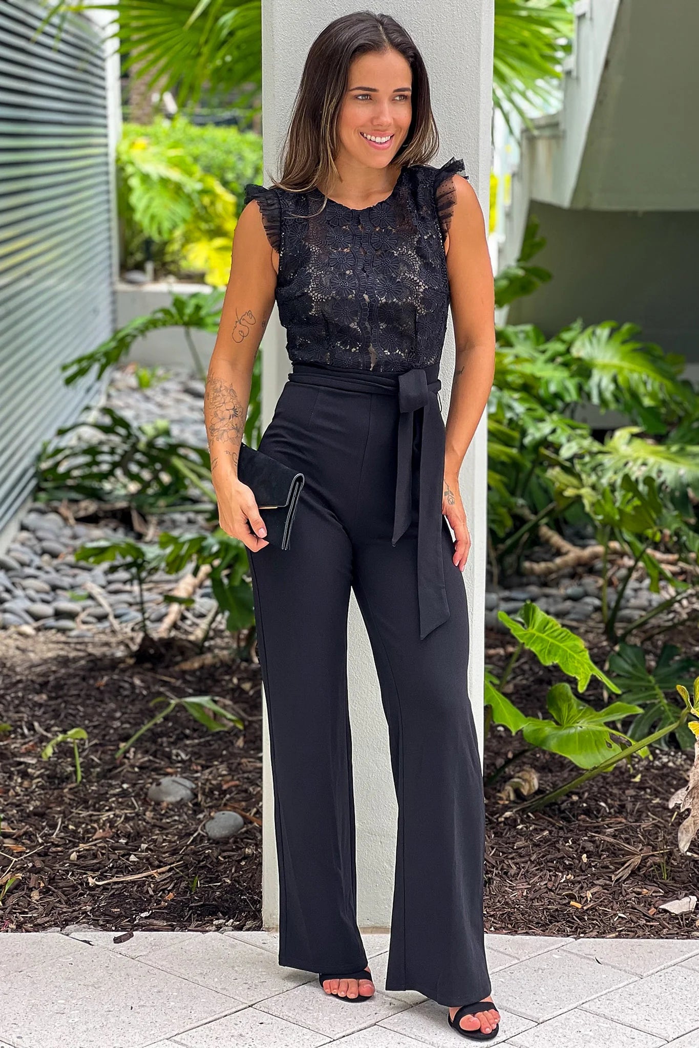 Black Jumpsuit With Lace Top And Tie Belt
