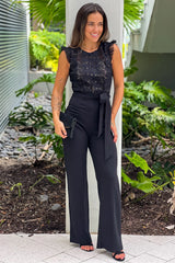 Black Jumpsuit With Lace Top And Tie Belt