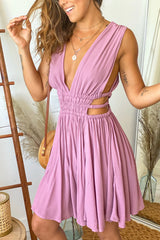 Berry V Neck Short Dress With Side Cutouts