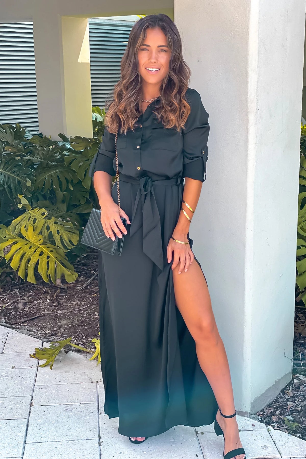 Black Button Down Satin Shirt Long Dress