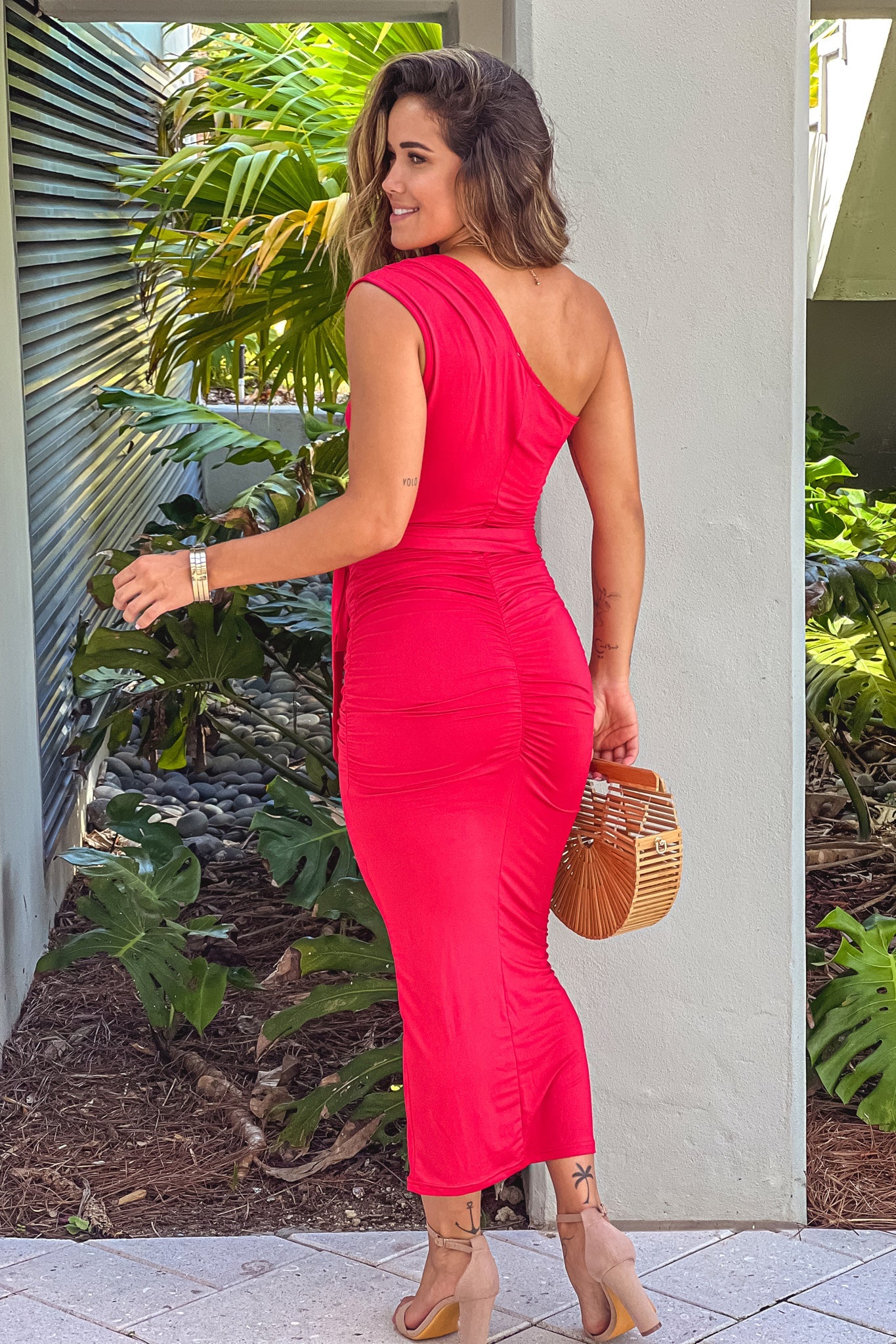 Red Ruched One Shoulder Dress