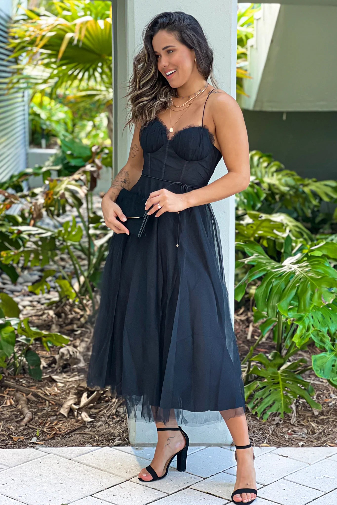 Black Tulle Midi Dress With Lace Detail