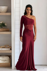 Burgundy One Shoulder Maxi Dress With Lace Detail