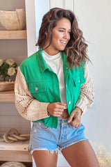 Jade Denim Jacket With Crochet Sleeves