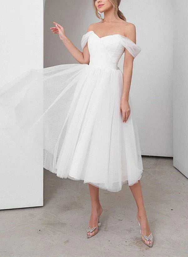 Sweet A Line Off The Shoulder Little White Tulle Wedding Dresses