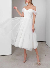 Sweet A Line Off The Shoulder Little White Tulle Wedding Dresses