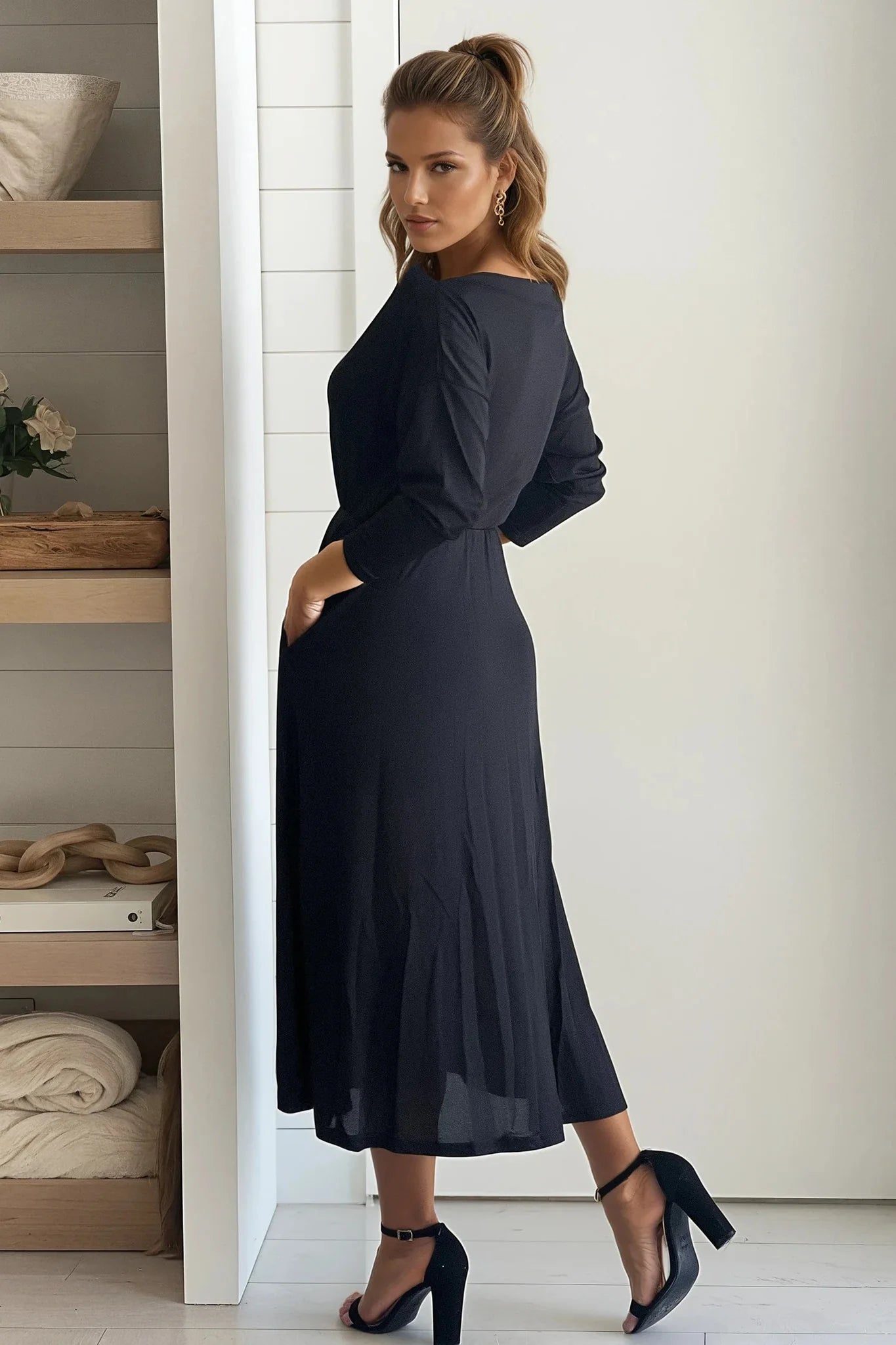 Black Off Shoulder Knit Midi Dress With Slit