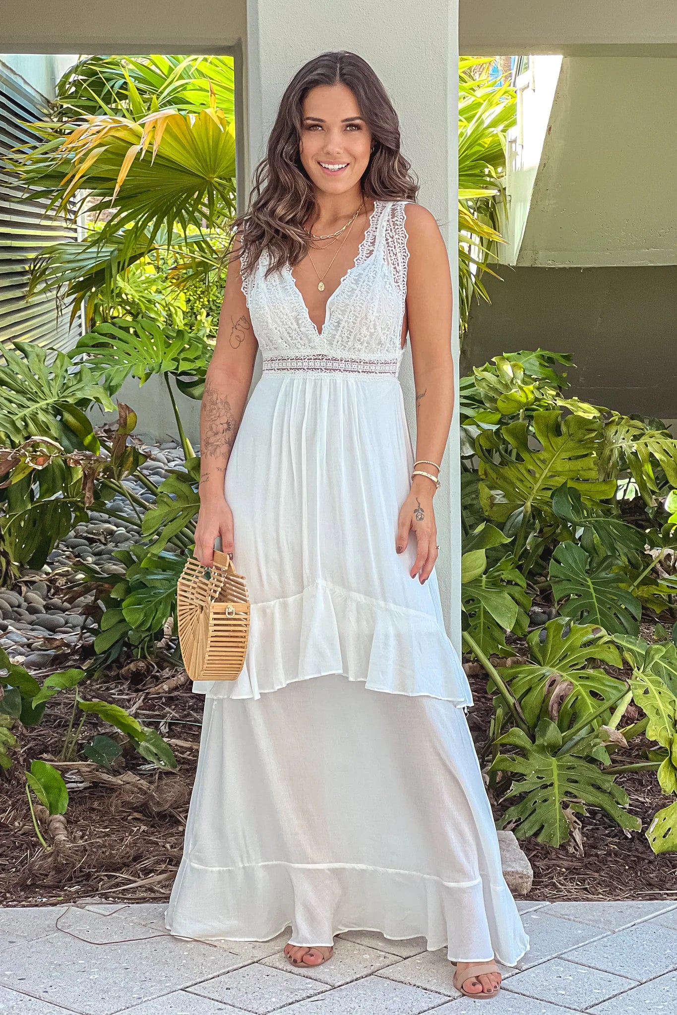 Off White Maxi Dress With Lace Top And Back Bow