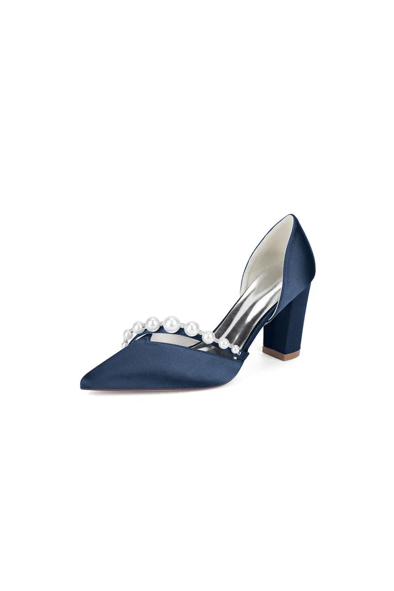 White Satin High Heels with Pearl Embellishments