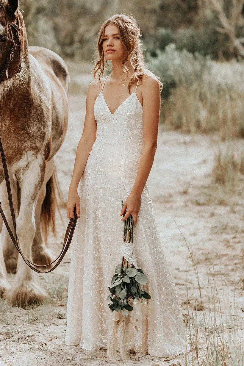 Lace Spaghetti V neck Sheath Wedding Gown With Straps And Open Back