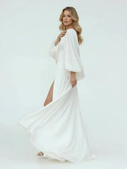 White Satin Simple A Line Long Wedding Dress with Slit