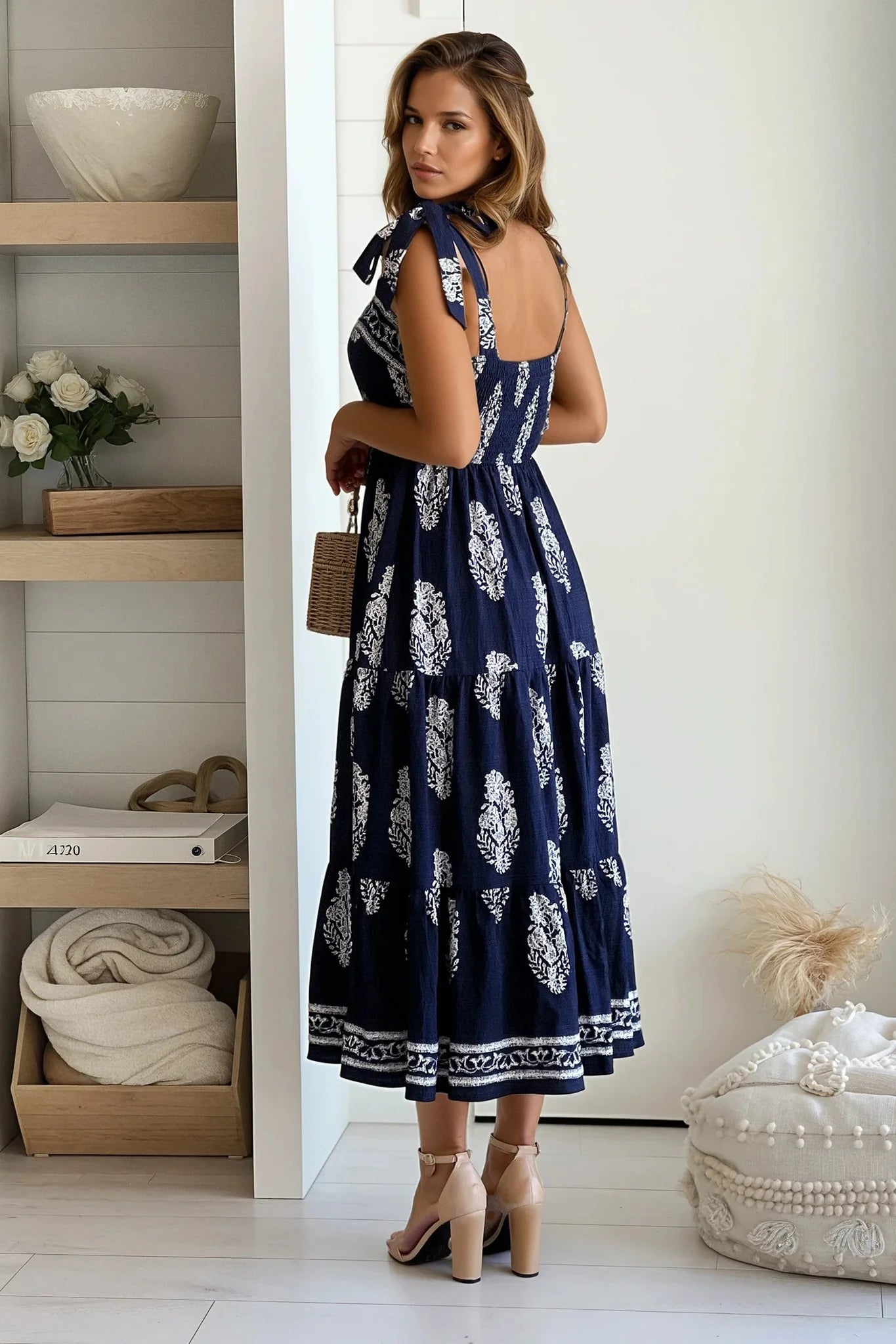 Navy Printed Smocked Top Midi Dress