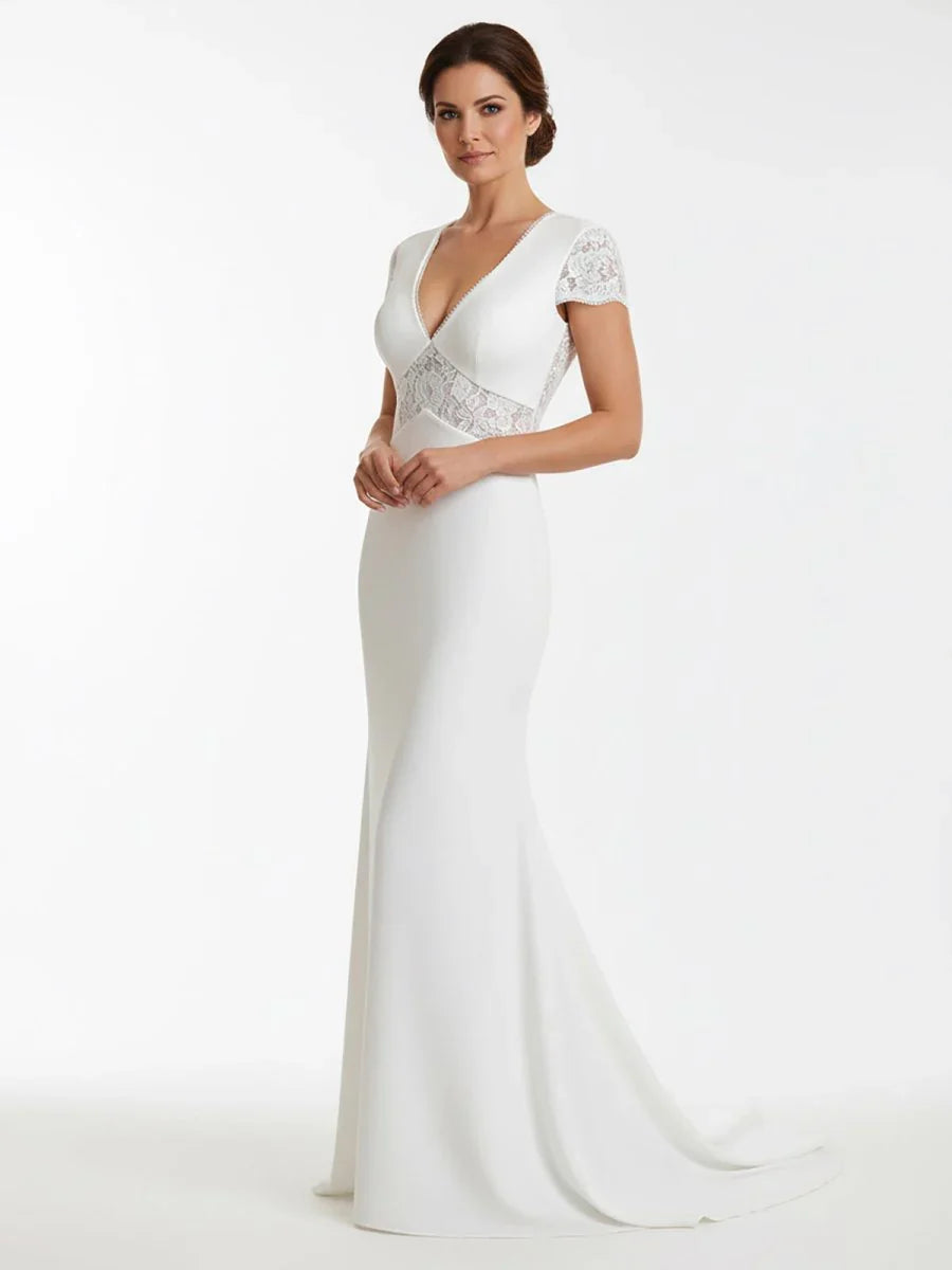 Modest Simple Sheath Short Sleeve Empire Floor Length Sweep Train Chiffon V neck Wedding Dress
