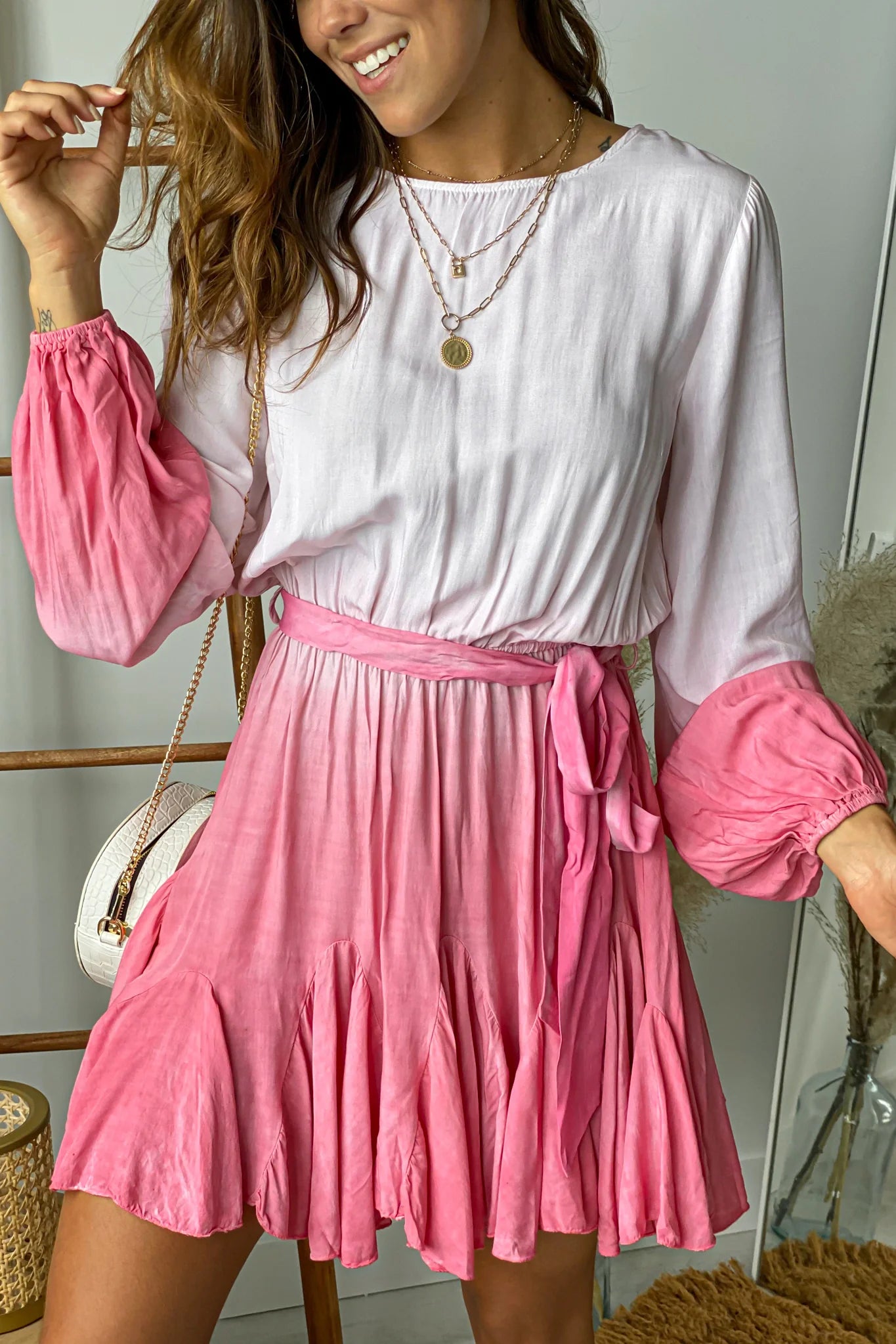 Pink Ombre Short Dress With Sleeves