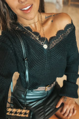Black Lace Trim V Neck Sweater