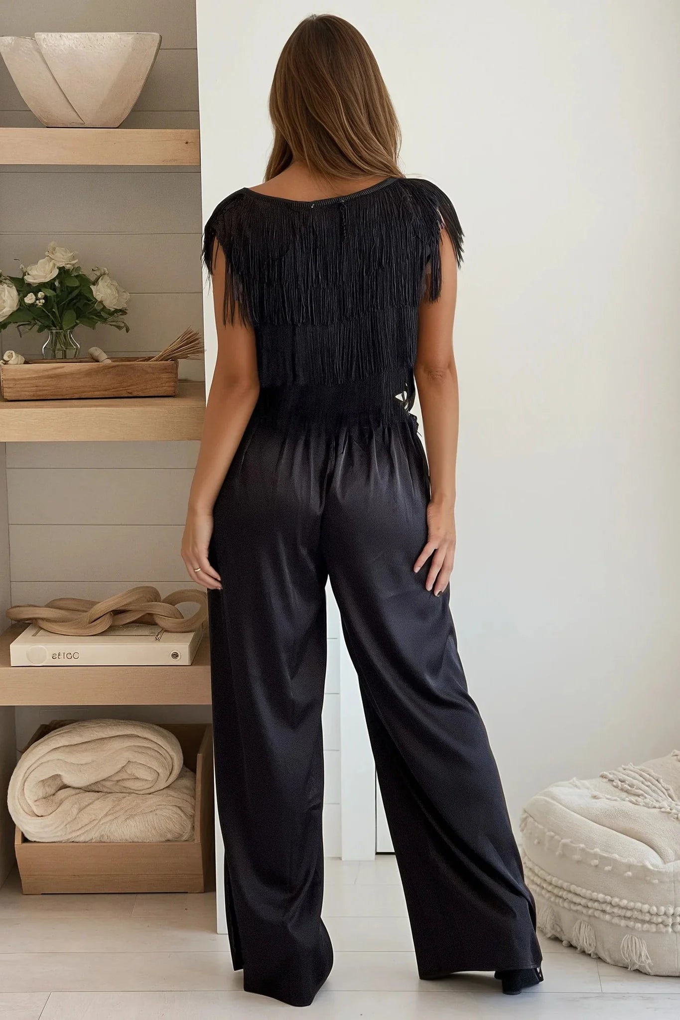Black Tassel Top And Satin Pants Set