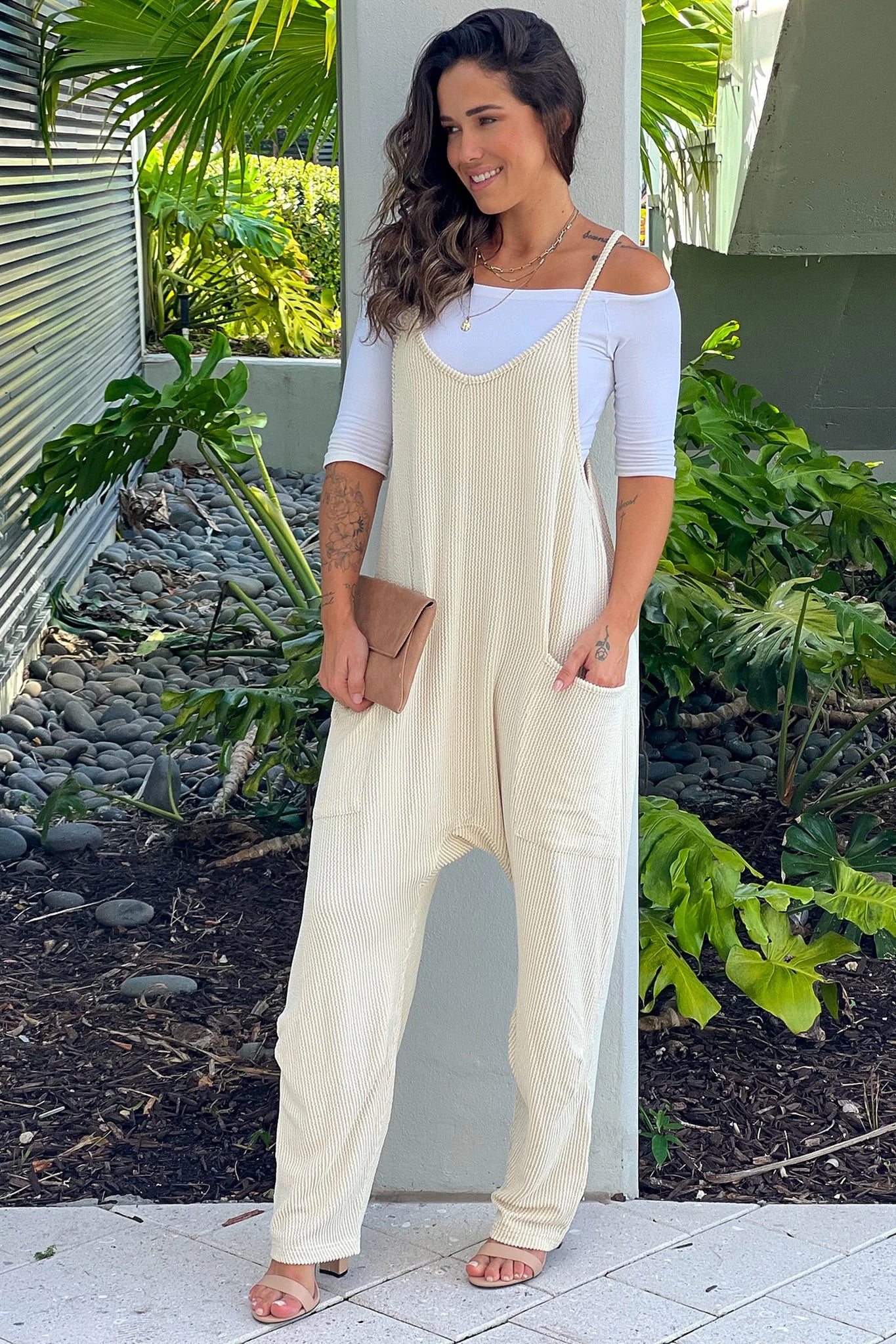 Ecru Ribbed Jumpsuit With Pockets
