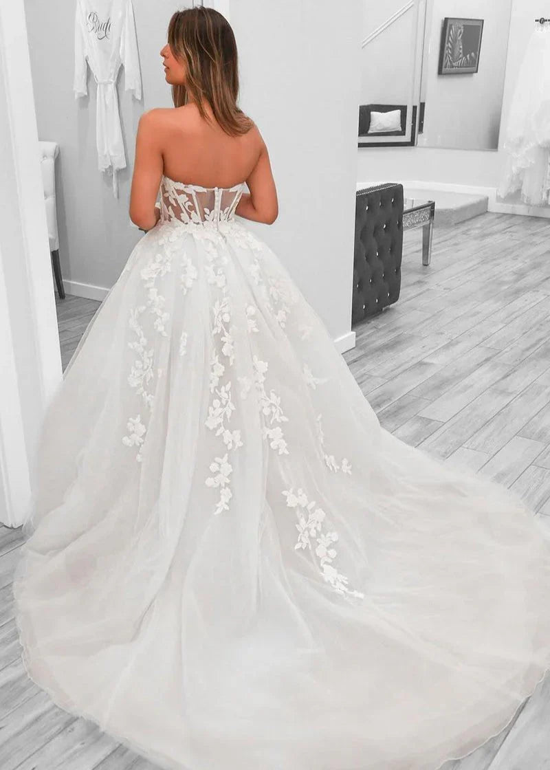 A Line Sweetheart Tulle Wedding Dresses With Slit