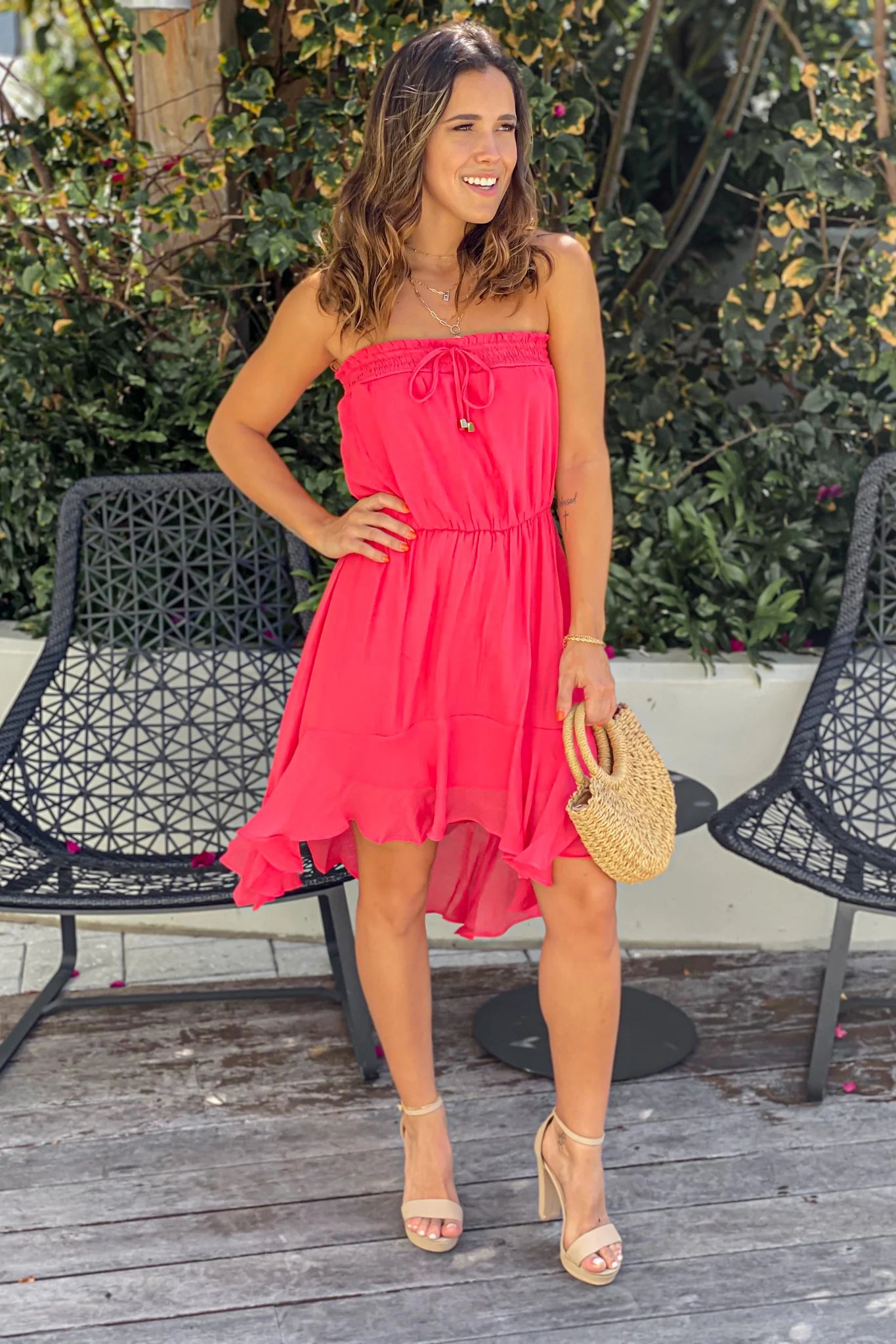 Coral Strapless High Low Dress