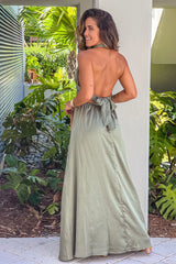 Sage Satin Halter Neck Maxi Dress
