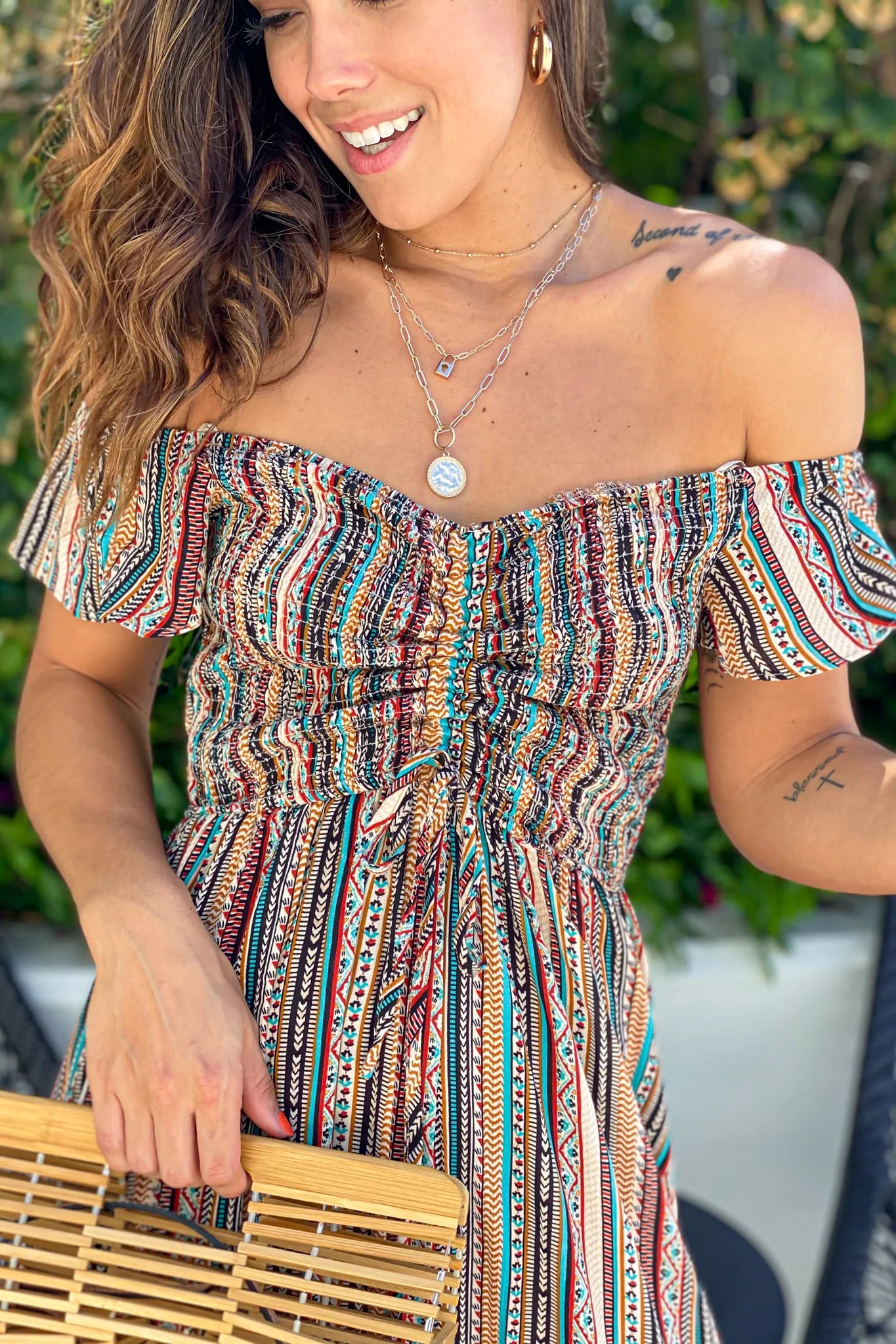 Multicolor Smocked Off Shoulder Maxi Dress