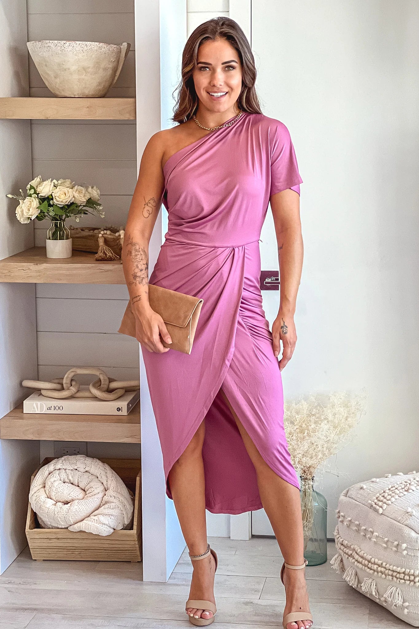 Mauve One Shoulder Midi Dress