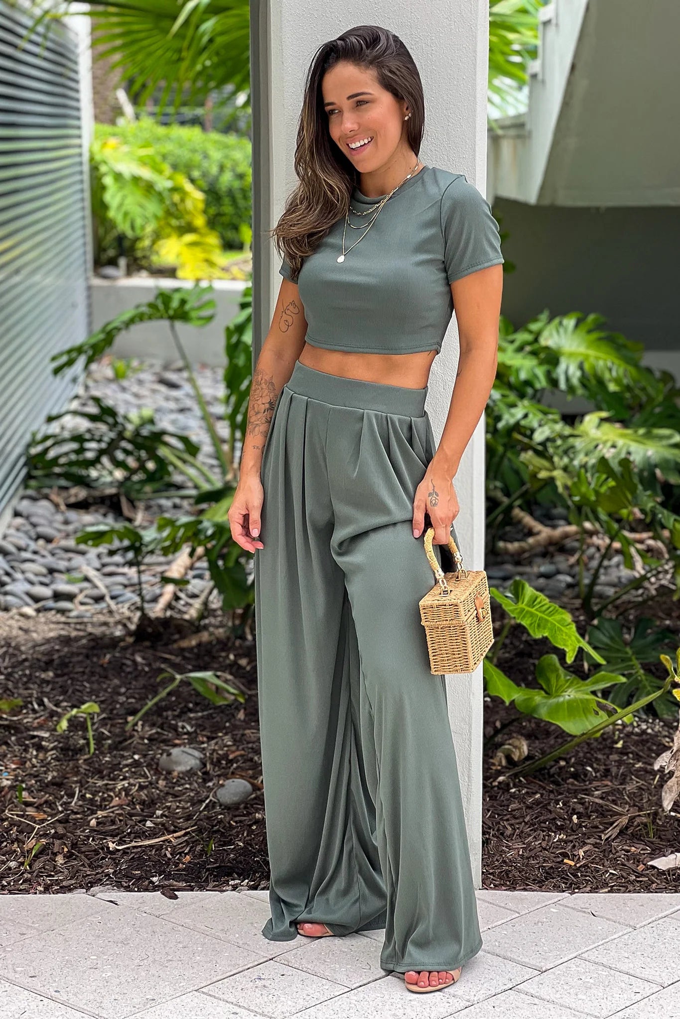 Forest Green Crop Top And Pants Set