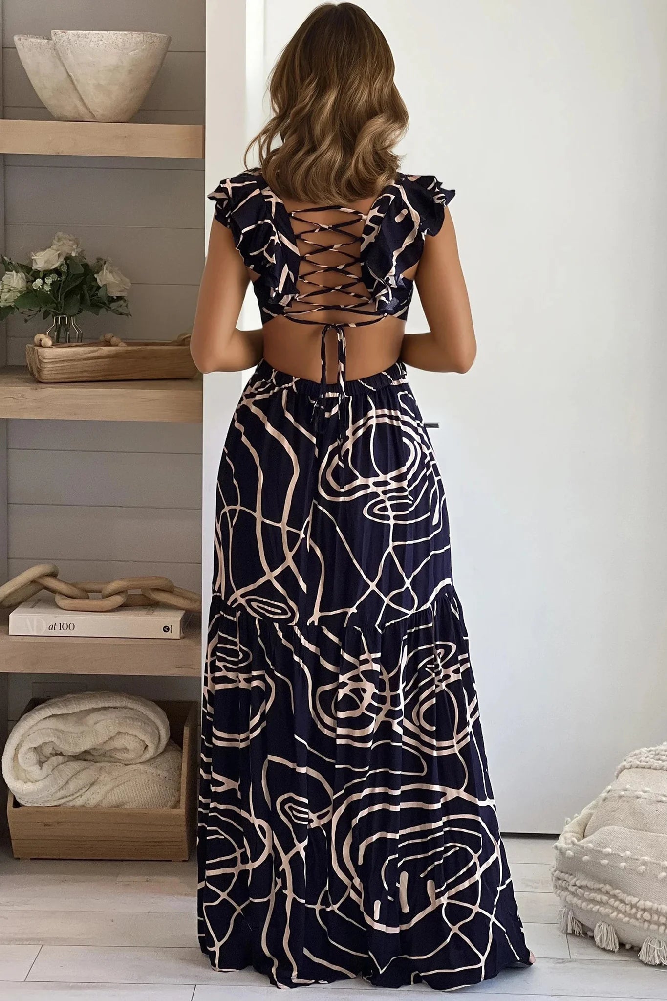 Navy Printed Lace Up Back Maxi Dress