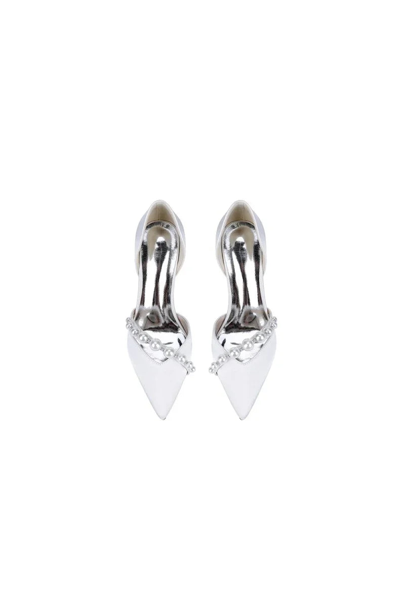 White Satin High Heels with Pearl Embellishments
