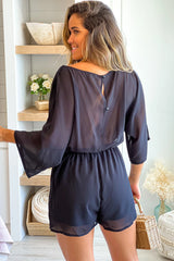 Black Chiffon Romper With Long Sleeves