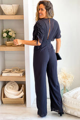 Black V Neck Jumpsuit With Pleated Sleeves