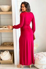 Burgundy Maxi Dress with Long Sleeves and Slit