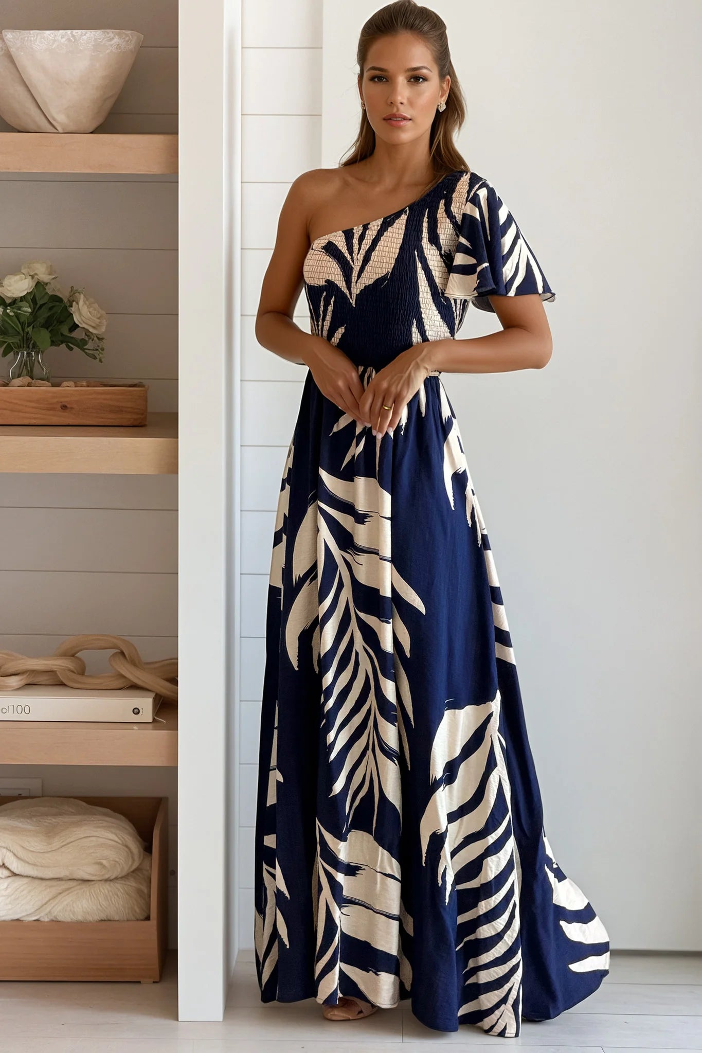 Navy Smocked Top One Shoulder Maxi Dress