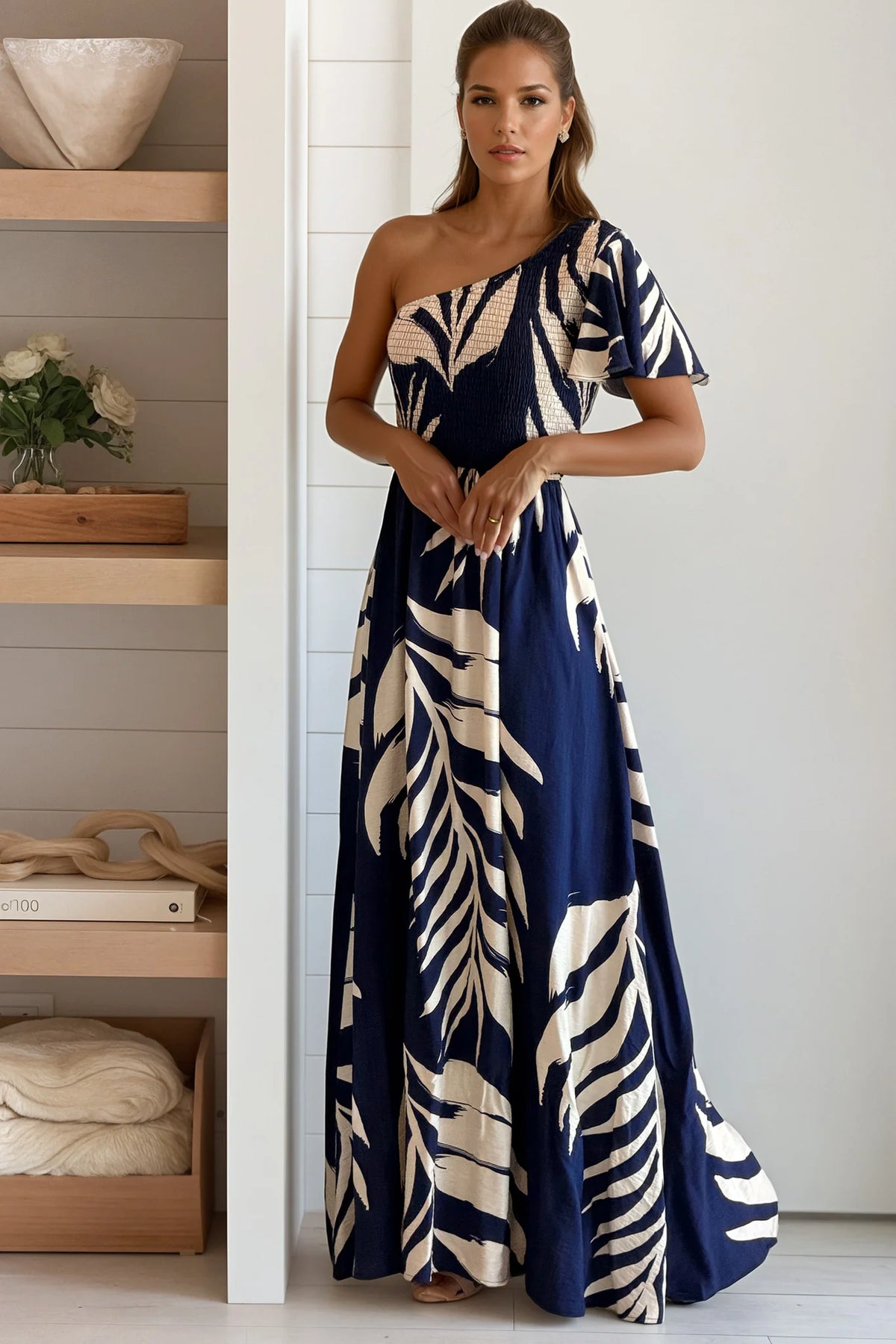 Navy Smocked Top One Shoulder Maxi Dress