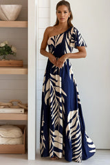 Navy Smocked Top One Shoulder Maxi Dress