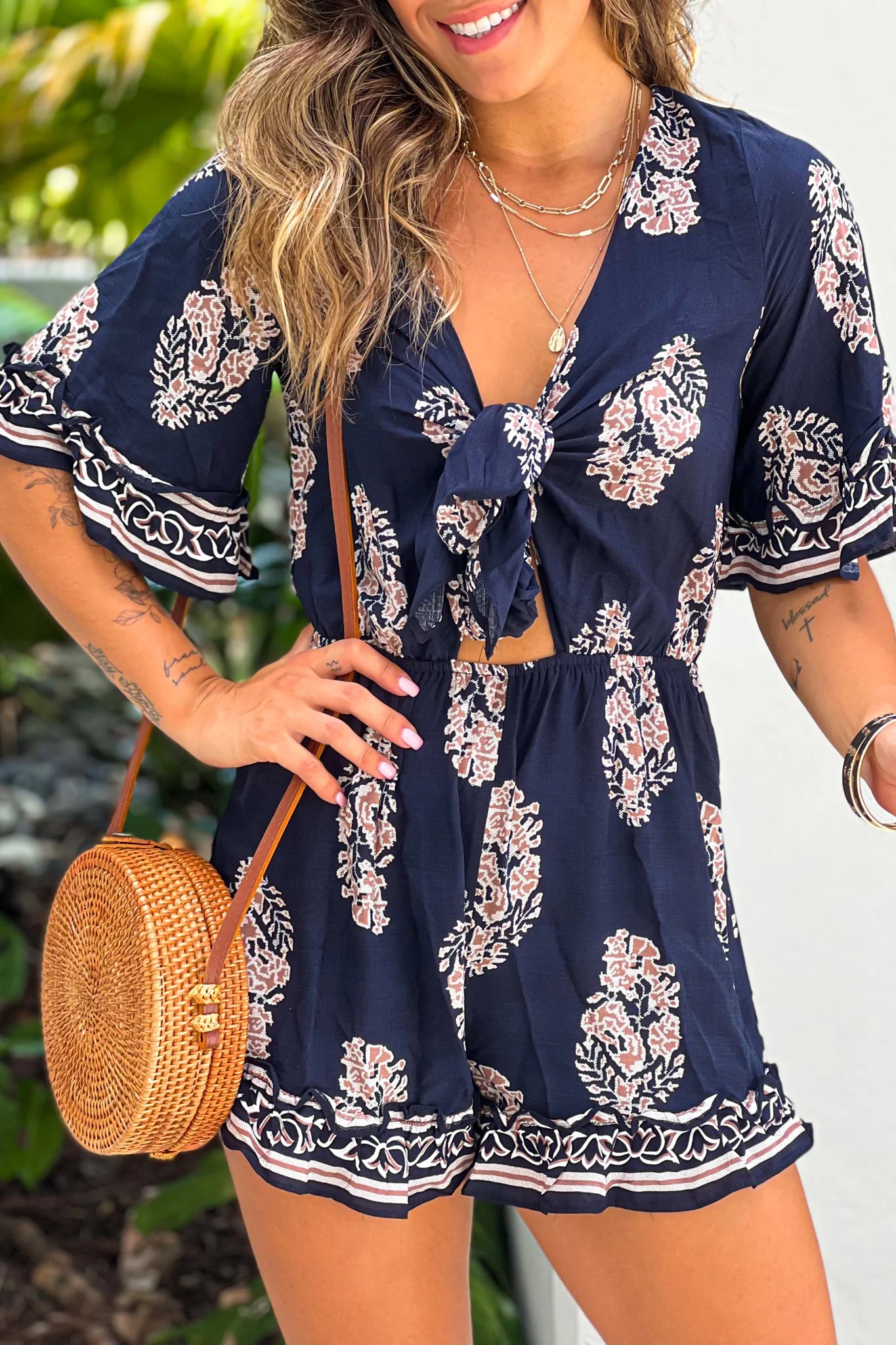 Navy Printed Romper With Cut Out