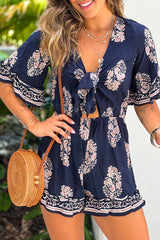 Navy Printed Romper With Cut Out