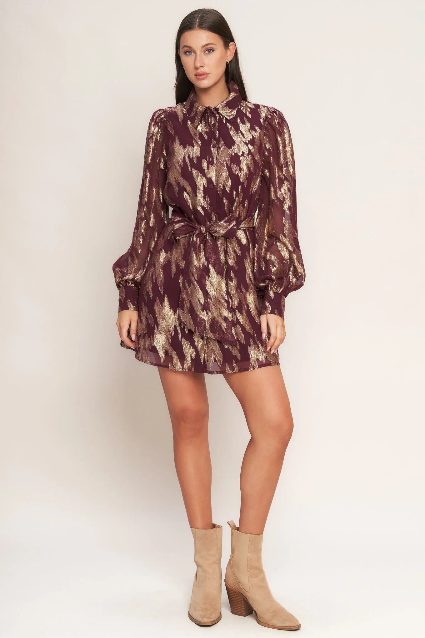 METALLIC MUSE BURGUNDY LONG SLEEVE MINI DRESS FINAL SALE