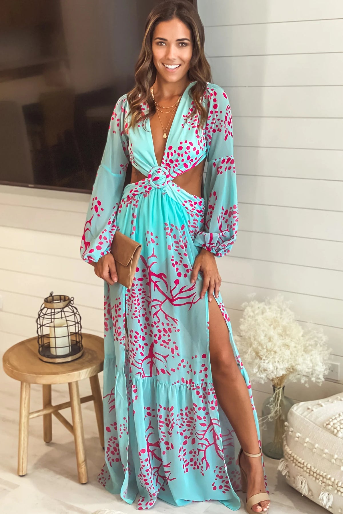 Turquoise And Pink Maxi Dress With Cut Out And Long Sleeves