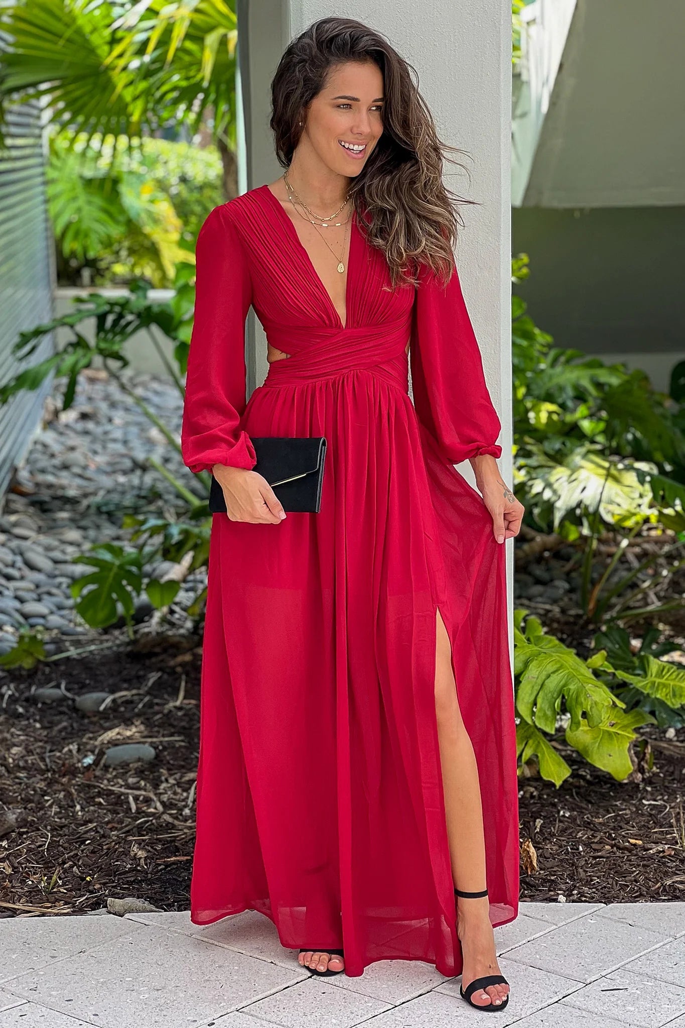 Burgundy Pleated V Neck Maxi Dress